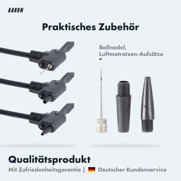 AARON AIR Standpumpe mit Manometer und Ball-Aufsatz, praktisches Zubehör mit Ballnadel und Luftmatratzen-Aufsätzen in Schwarz.