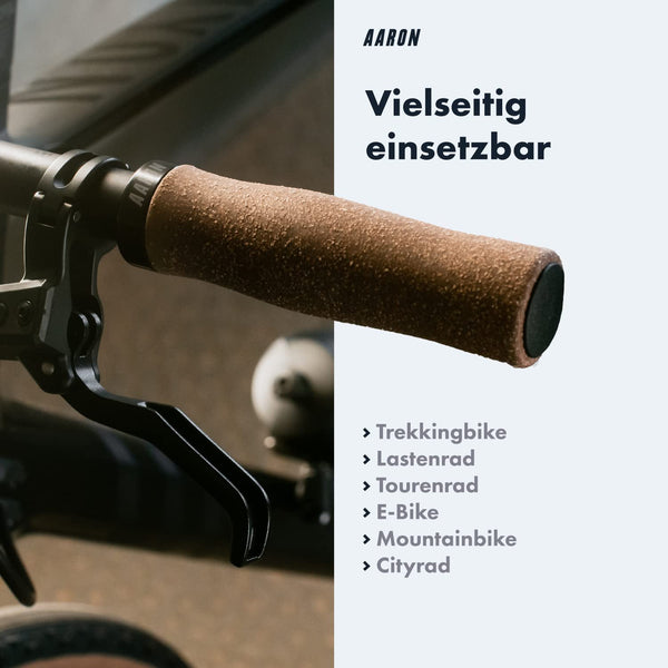 AARON Bio Ergonomische Fahrradgriffe aus Kork - Lock Ring Schwarz, vielseitig für Trekkingbike, Lastenrad, Cityrad.