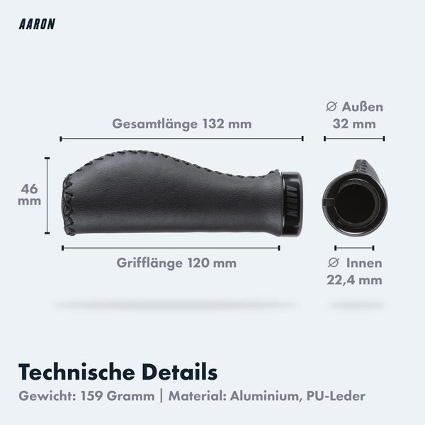 AARON Vintage ergonomischer Kunstleder Fahrradgriffe - Schwarz mit Maßen und Details zu Material und Gewicht.