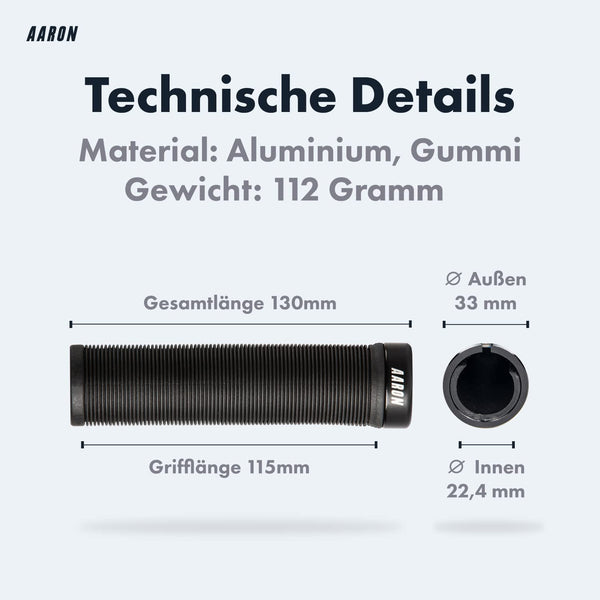 AARON MTB & BMX Fahrradgriffe - Schwarz - Lamellen Profil mit Aluminium, Gummi, 130mm Länge und 112 Gramm Gewicht.