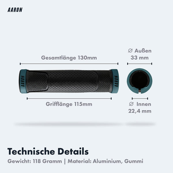 AARON MTB Fahrradgriffe - Grau Blau mit 130mm Länge, rutschfest, ergonomisch und aus Aluminium-Gummi-Material.