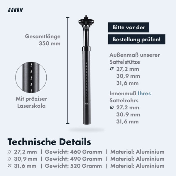 AARON Shock Federsattelstütze mit 27,2, 30,9 oder 31,6 mm Durchmesser in Schwarz mit präziser Laserskala.