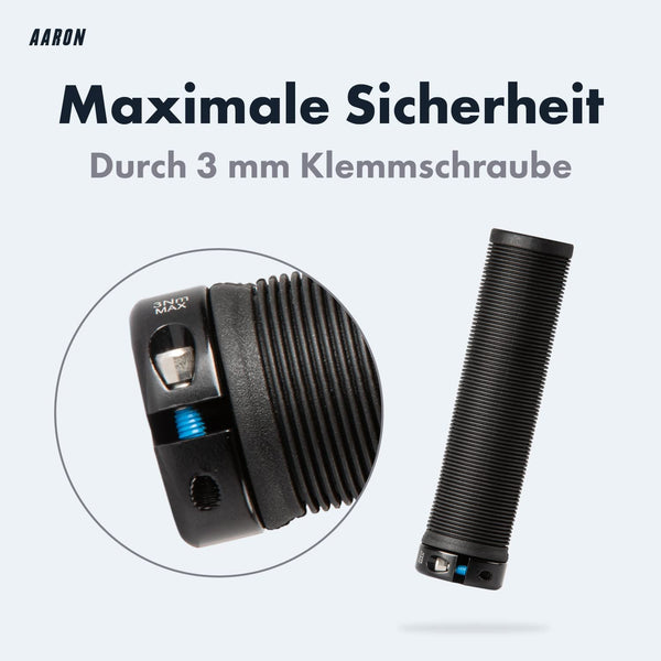 AARON MTB & BMX Fahrradgriffe - Schwarz - Lamellen Profil mit rutschfester Oberfläche und 3 mm Klemmschraube für maximale Sicherheit.
