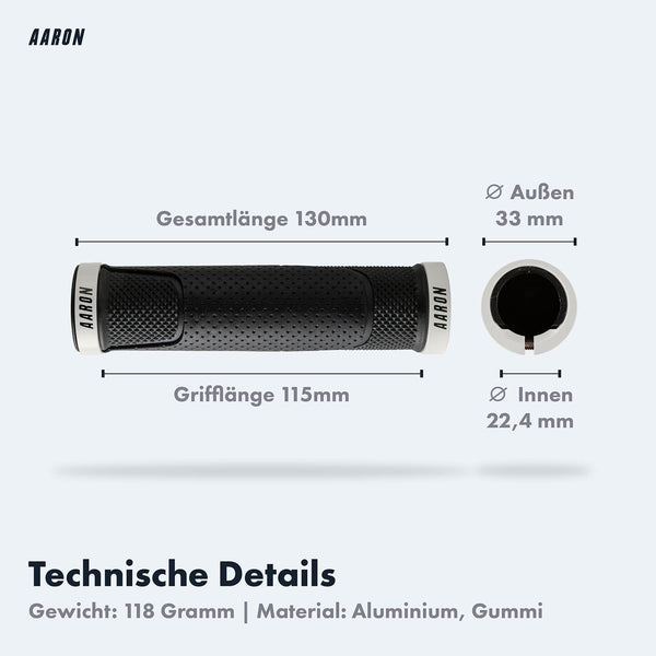 AARON MTB Fahrradgriffe - Weiß mit 130mm Länge, rutschfest, ergonomisch, Aluminium- und Gummimaterial, 118 Gramm Gewicht.