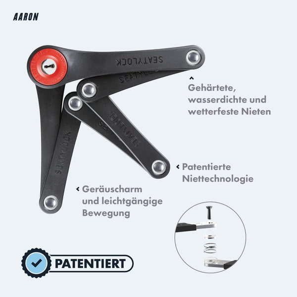 AARON Faltschloss 75cm mit patentierter Niettechnologie, gehärteten wetterfesten Nieten und geräuscharmer Bewegung.