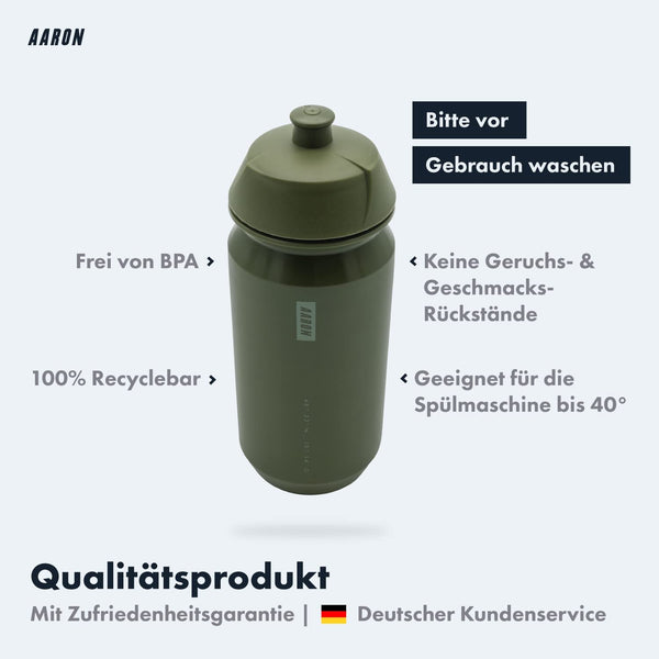 AARON ECO Fahrrad Trinkflasche grün, 100% biologisch abbaubar, BPA-frei, spülmaschinengeeignet bis 40°, 500 ml, auslaufsicher