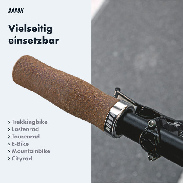 AARON Bio Ergonomische Fahrradgriffe aus Kork - Lock Ring Silber für vielseitige Fahrräder wie Trekkingbike und Cityrad.