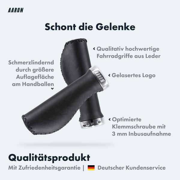 AARON Vintage ergonomischer Kunstleder Fahrradgriffe Silber mit schmerzlindernder Auflagefläche und gelasertem Logo.