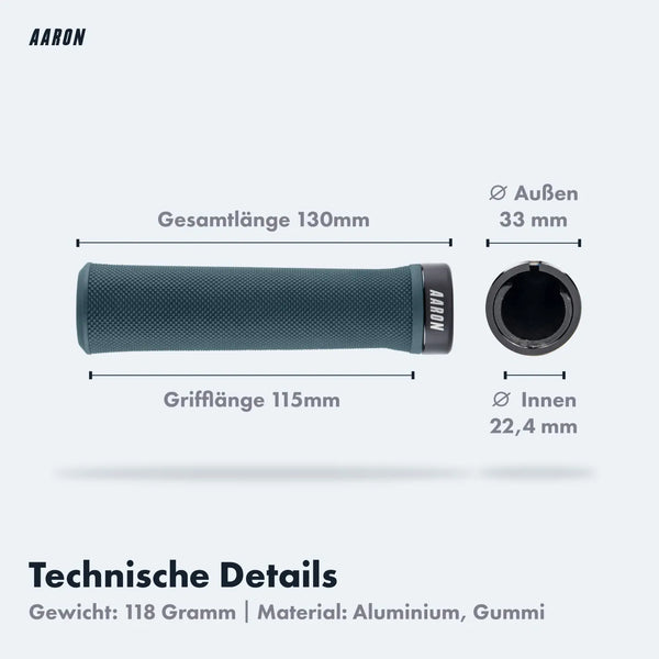 AARON Peak - MTB, Enduro & BMX Fahrradgriffe Grau Blau mit 130mm Länge und Aluminium-Gummi-Material.