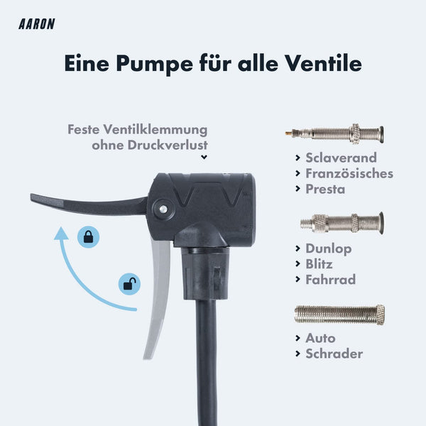 AARON AIR Standpumpe mit Manometer und Ball-Aufsatz, schwarze Ventilklemme für alle Ventilarten ohne Druckverlust.