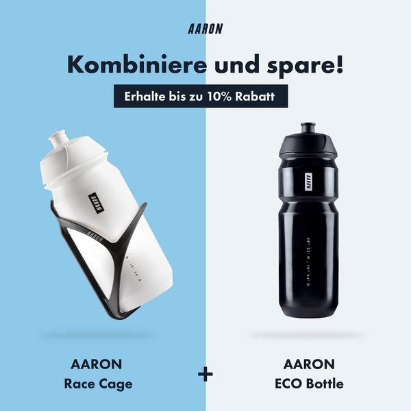 AARON Race Cage Flaschenhalter aus robustem Nylon mit passender AARON ECO Bottle in Schwarz und Weiß.