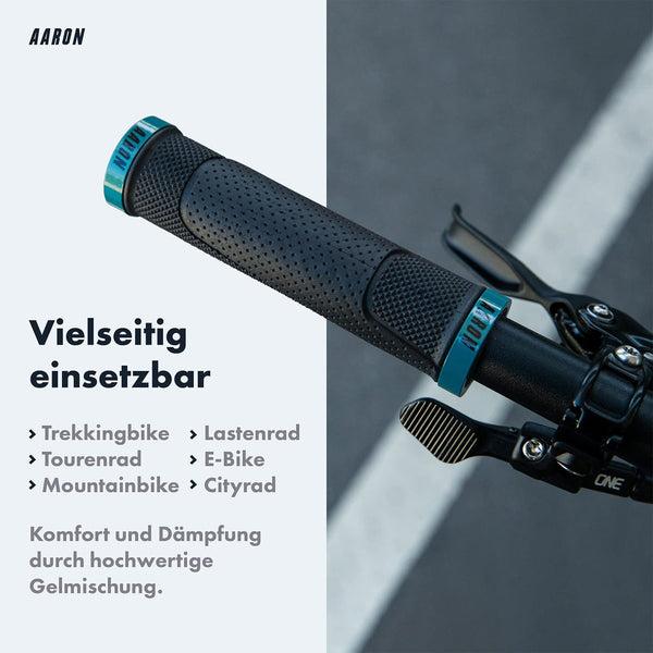 AARON MTB Fahrradgriffe - Grau Blau mit rutschfester Oberfläche und ergonomischem Komfort für Mountainbike und E-Bike Lenker.