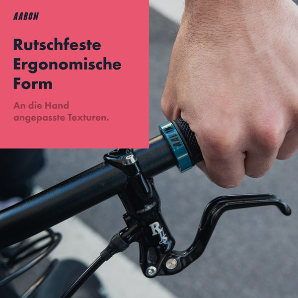 AARON MTB Fahrradgriffe - Grau Blau mit rutschfester, ergonomischer Form und an die Hand angepassten Texturen am Lenker.