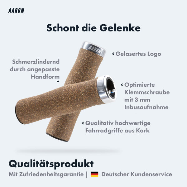 AARON Bio Ergonomische Fahrradgriffe aus Kork - Lock Ring Silber mit schmerzreduzierender Griffhandform und hochwertiger Korkoberfläche.