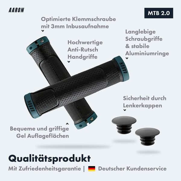 AARON MTB Fahrradgriffe - Grau Blau mit rutschfesten Gelgriffen, Aluminiumringen und Sicherung durch Lenkerkappen.