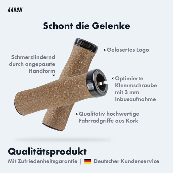 AARON Bio Ergonomische Fahrradgriffe aus Kork - Lock Ring Schwarz mit schmerzlindernder Handform und hochwertiger Korkoberfläche.