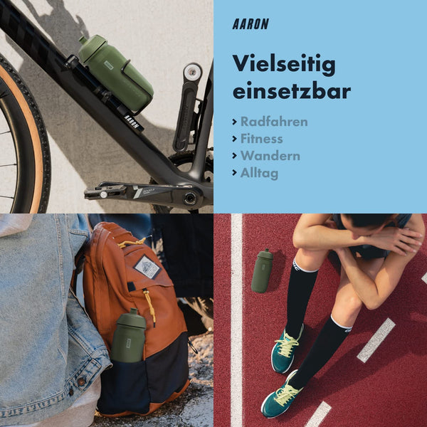 AARON ECO Fahrrad Trinkflasche grün, 100% biologisch abbaubar, BPA-frei, ideal für Radfahren, Fitness und Alltag.