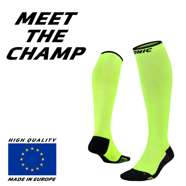 ONIC GEAR Sport Kompressionsstrümpfe Neon Gelb, hohe Kompression, atmungsaktiv, gepolstert, ideal für Sport und Alltag