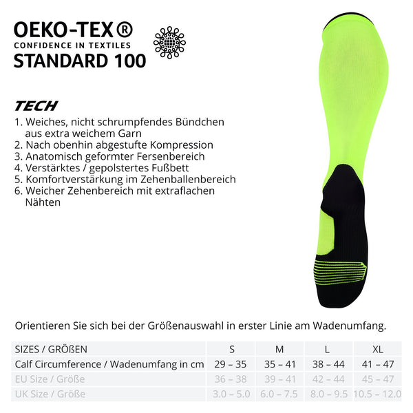 ONIC GEAR Sport Kompressionsstrümpfe Neon Gelb mit abgestufter Kompression und anatomischem Fußbett für Damen & Herren