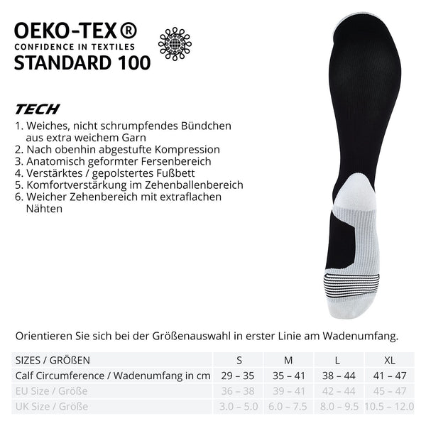 ONIC GEAR Sport Kompressionsstrümpfe schwarz mit abgestufter Kompression, gepolstertem Fußbett und anatomischer Passform.
